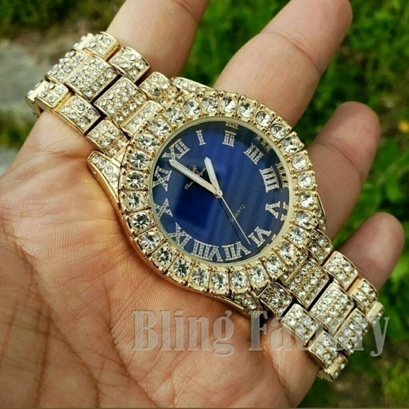 MEN'S ICED HIP HOP BLUE FACE WATCH & FULL ICED NEC - Picture 4 of 8